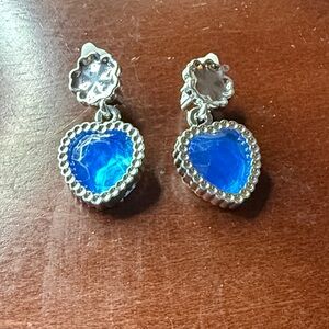 Plastic Clip-On Silver and Blue Heart Earrings